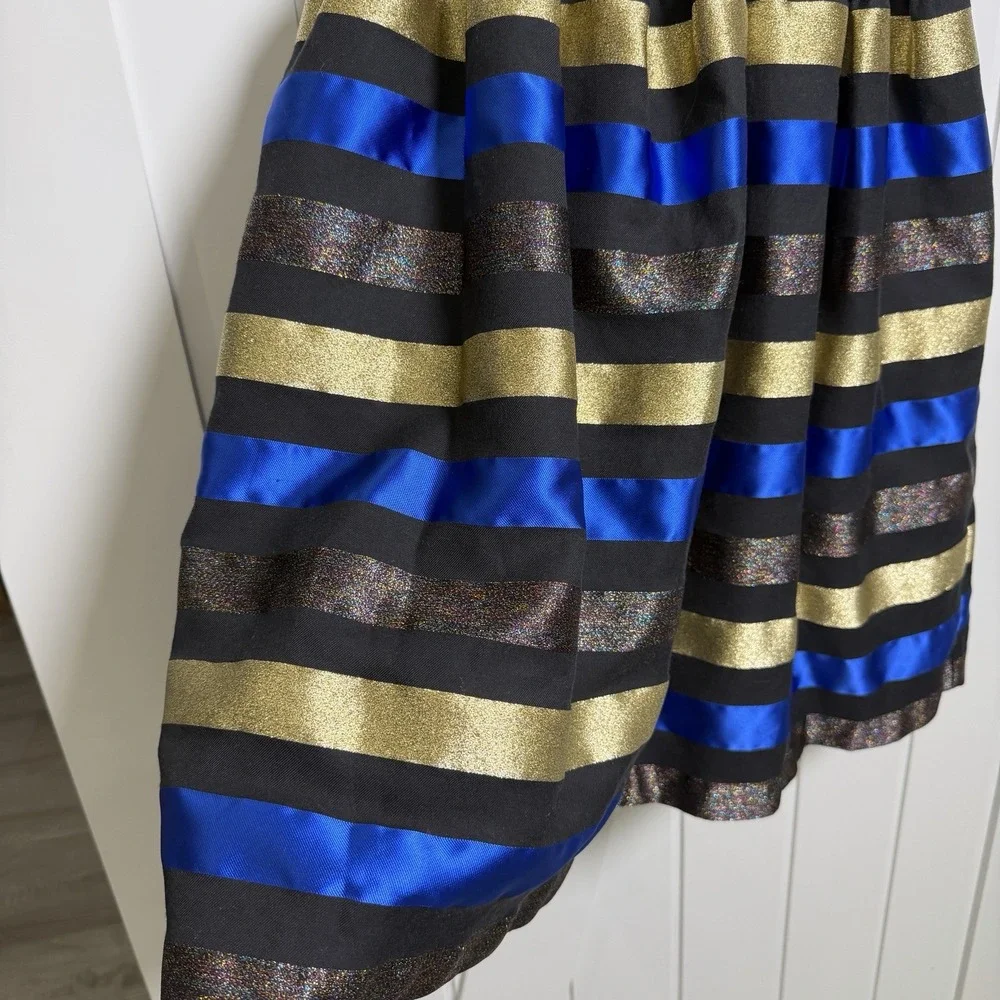 Gymboree Girls holiday party dress Size 10 Striped Blue Gold Black Preppy